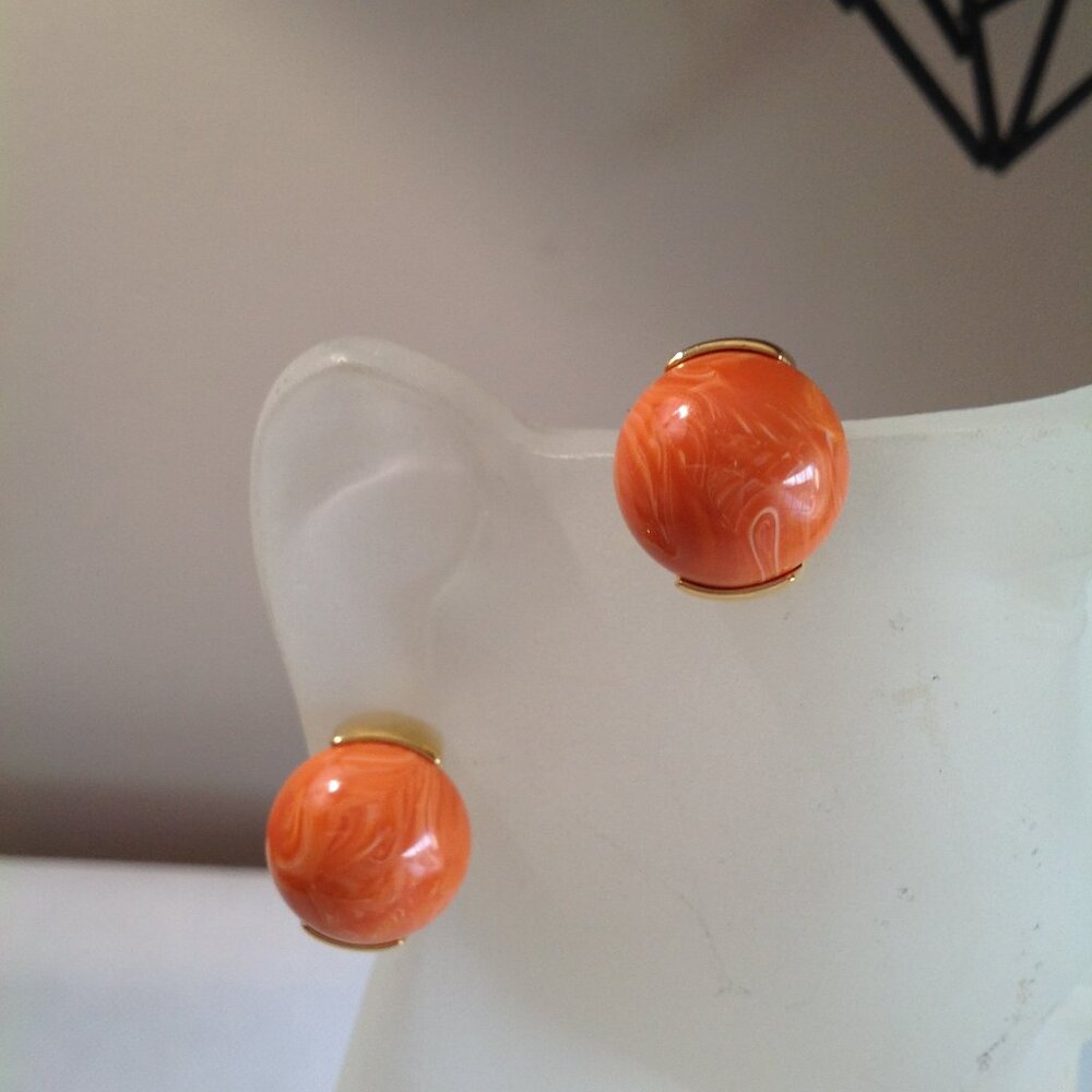 Vintage Joan Rivers Orange Pearl Swirl Button Gold Tone Clip On Earrings